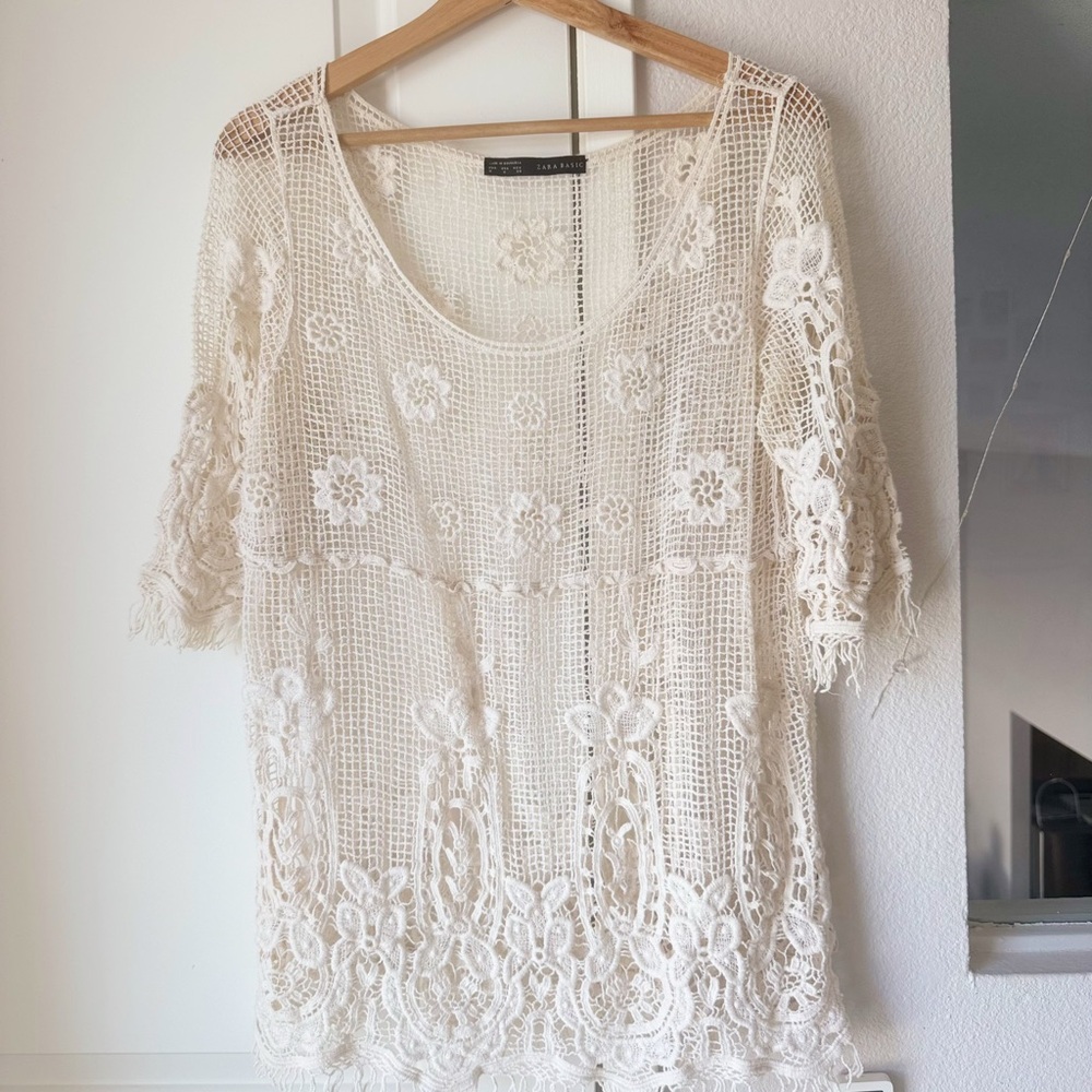 ZARA Vintage Women’s Summer Cover Up Crochet Lace White Dress M(6)Size